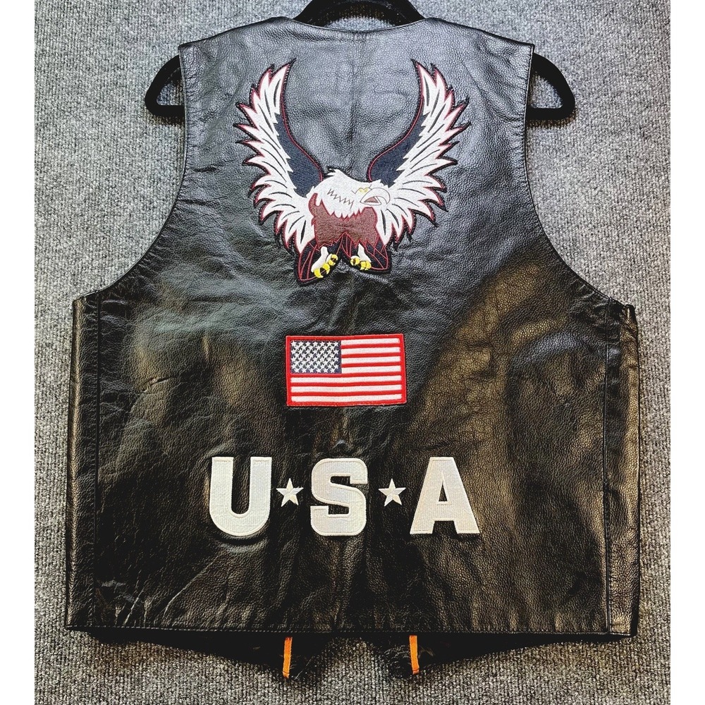 Interstate Leather USA Eagle Flag Black‎ Genuine Leather Motorcycle Vest Men M